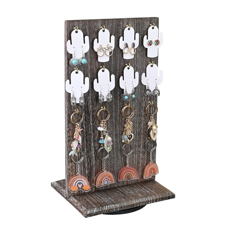 Ikee Design Wooden Rotating Two-Sided Jewelry Display Stand, Rotating Organizer with 32 Hooks for Store, Keychain Earring Display with Hooks, Coffee color, 9 W x 7.5 D x 16.5 H in - Image 1
